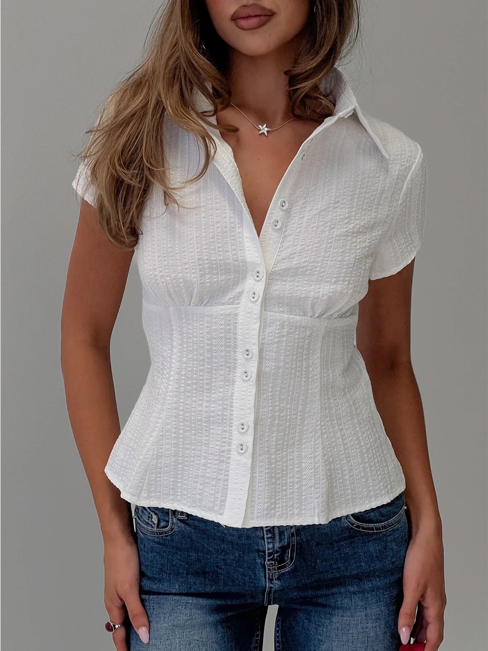 Princess Polly White Textured Button-Down Peplum Shirt